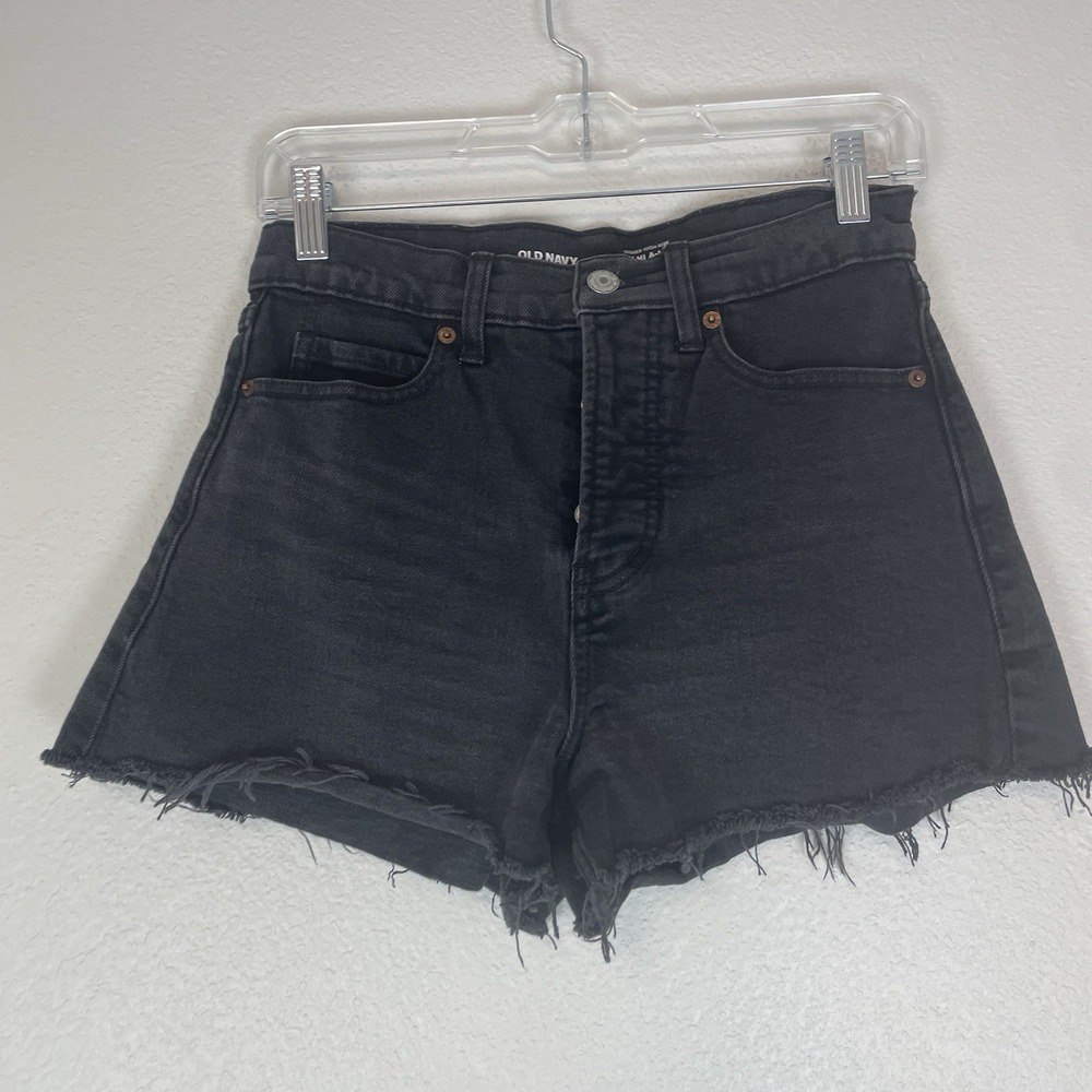 Old Navy Sky-Hi Rise Black Denim Shorts Womens Size 4 Frayed Hem Cutoff Festival